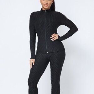 2-Piece Jacquard Honeycomb Ribbed Textured Long Sleeve Workout Set
